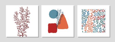 Vector set of collage modern poster with abstract shapes and illustration of plant. Scandinavian Style. For posters, textile print, wrapping paper, greeting card template, social media postのイラスト素材