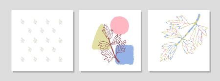 Vector set of collage modern poster with abstract shapes and illustration of plant. Scandinavian Style. For posters, textile print, wrapping paper, greeting card template, social media postのイラスト素材