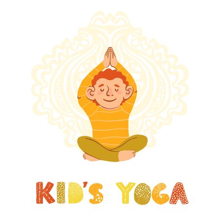 Vector colorful illustration of little boy doing yoga isolated on white backgroundのイラスト素材