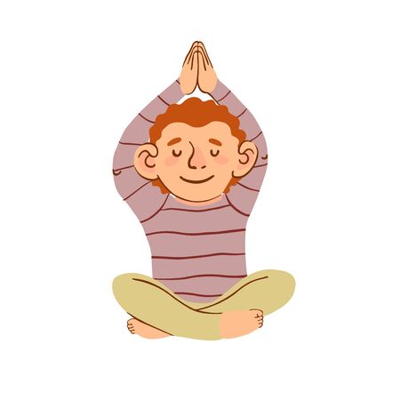 Vector colorful illustration of little boy doing yoga isolated on white backgroundのイラスト素材