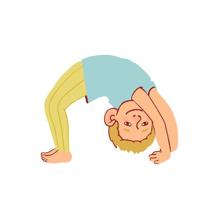 Vector colorful illustration of little boy doing gymnastic exercises isolated on white backgroundのイラスト素材