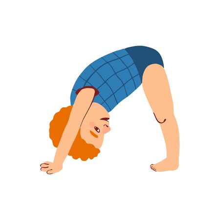 Vector colorful illustration of little boy doing yoga adho mukha svanasana pose, isolated on white backgroundのイラスト素材
