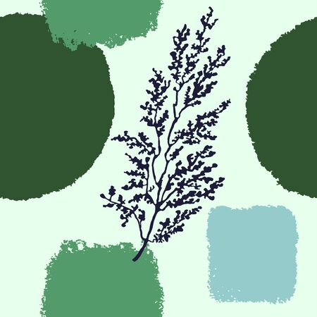 Vector seamless background with abstract shapes and illustration of plant. Scandinavian Style. For wallpaper, posters, textile print, wrapping paper, greeting card template, social media post,のイラスト素材