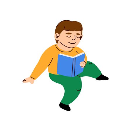 Vector colorful illustration of a little boy reads a book isolated on white backgroundのイラスト素材