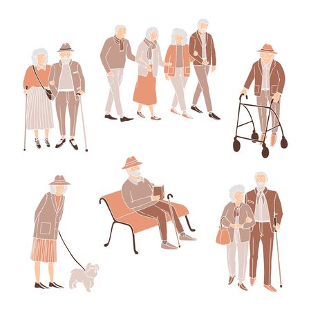 Vector colorful set with illustrations of old people walking isolated on white backgroundのイラスト素材