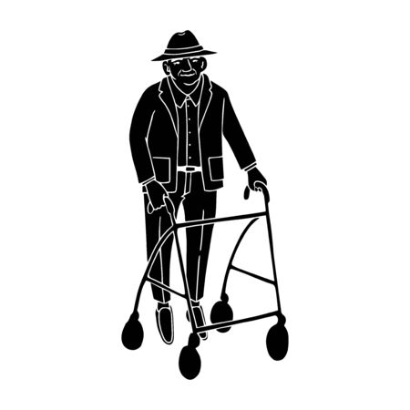 Vector illustration of black silhouette old man walking with rollator isolated on white backgroundのイラスト素材