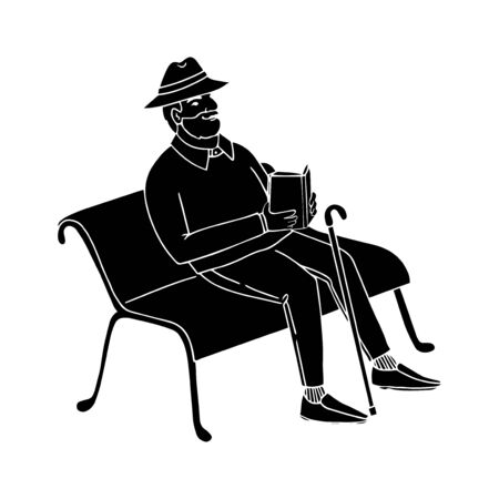 Vector of black silhouette old man sitting on a park bench reading a book. Isolated on white backgroundのイラスト素材