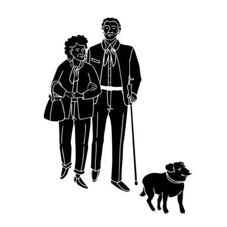 Vector illustration of black silhouette old people walking with dog, isolated on white backgroundのイラスト素材