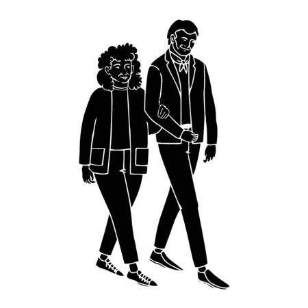 Vector illustration of black silhouette old people walking and talking, isolated on white backgroundのイラスト素材
