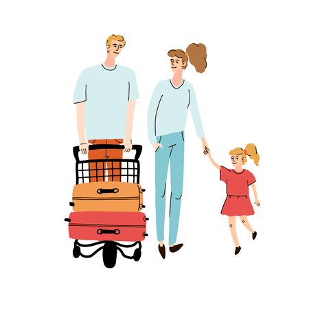 Vector colorful illustration of family with daughter walking with luggage on trolleyのイラスト素材