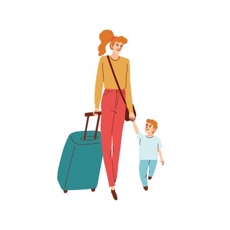 Vector colorful illustration of mom and son walk hand in hand with suitcasのイラスト素材
