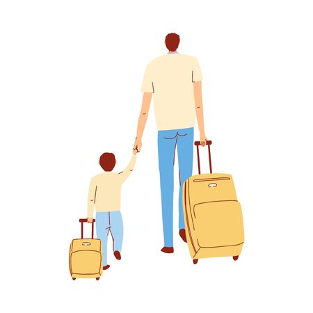 Vector colorful illustration of father and son walk hand in hand with their suitcasesのイラスト素材