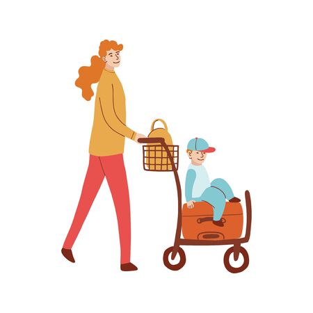 Vector colorful illustration of mom with son walking with luggage on trolleyのイラスト素材