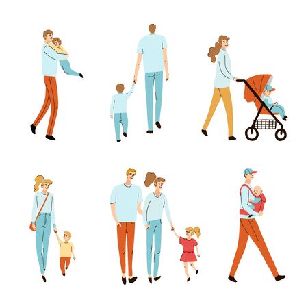 Vector colorful set with illustrations of a young familys, mom dad and their children, daughter, son together walking on the streetのイラスト素材