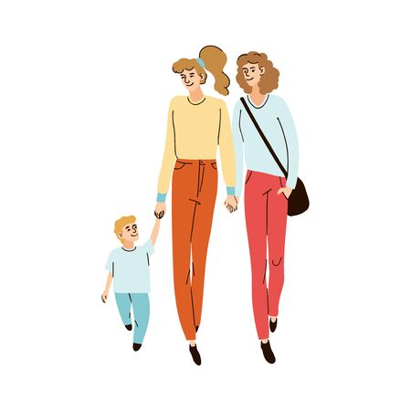 Vector colorful illustration of a young family, two moms and son together walking on the streetのイラスト素材