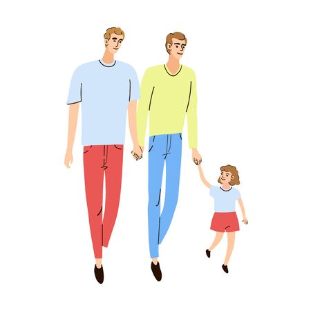 Vector colorful illustration of a young family, two dads and daughter together walking on the streetのイラスト素材