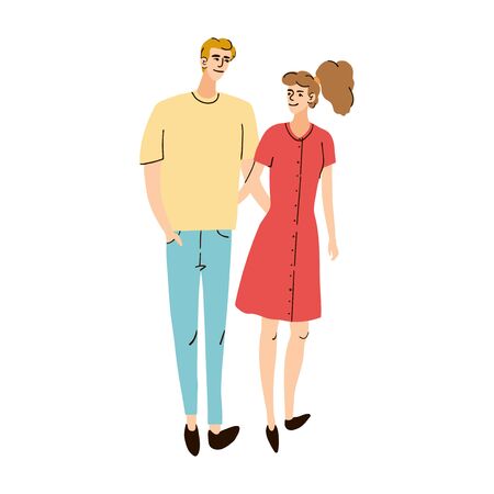 Vector colorful illustration of a young couple, girl and boy together walking on the streetのイラスト素材