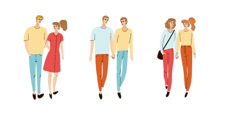 Vector colorful set with illustrations of a young couple, together walking on the streetのイラスト素材