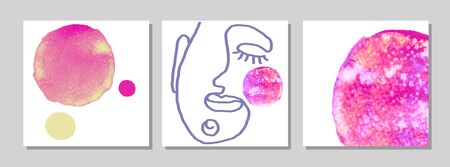 Vector set of modern posters with illustration of portrait one line and abstract watercolor shapes. Scandinavian Style. For wallpaper, textile print, greeting card template, social media post,のイラスト素材