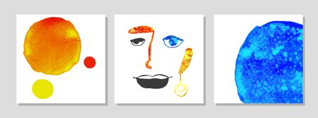 Vector set of modern posters with illustration of portrait and abstract watercolor shapes. Scandinavian Style. For wallpaper, textile print, greeting card template, social media post,のイラスト素材