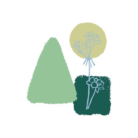 Vector collage modern poster with abstract shapes and illustration of plant. Scandinavian Style. For posters, textile print, greeting card template, social media post,のイラスト素材