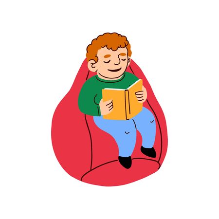 Vector colorful illustration of a little boy sitting on a bag chair and reads a book isolated on white backgroundのイラスト素材
