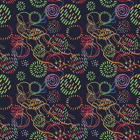 Vector modern seamless background with colorful hand drawn abstract round elements, doodles. Use it for wallpaper, textile print, pattern fills, web, texture, wrapping paper, design presentationのイラスト素材