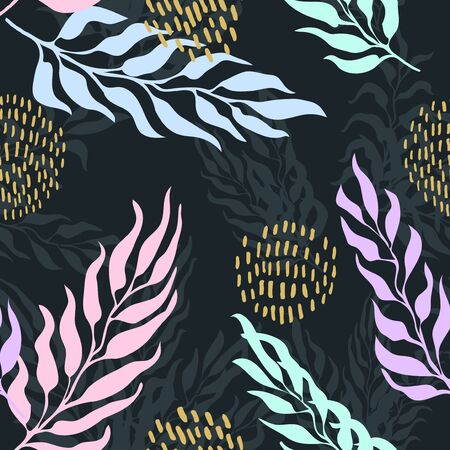 Vector seamless pattern with colorful illustration of exotic leaves. Use it for wallpaper, textile print, pattern fills, web page, surface textures, wrapping paper, design of presentationのイラスト素材