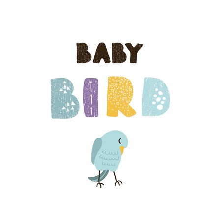 Vector illustration of bird and hand drawn lettering, Baby bird. Colorful typography design in Scandinavian style for postcard, banner, t-shirt print, invitation, greeting card, poster, graphic designのイラスト素材