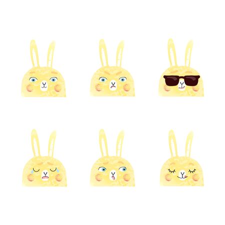 Vector modern set with cute illustrations of bunnies with different emotions. Use it as element for design greeting card, poster, chat messenger cartoon emotes, Social Media post, children game designのイラスト素材