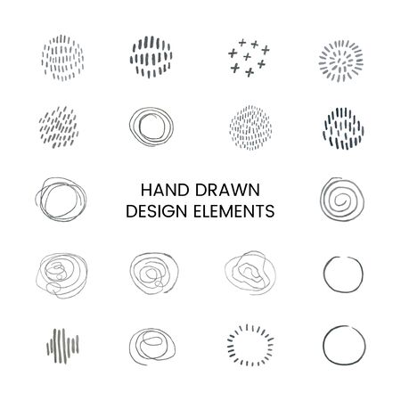 Vector grayscale modern set with hand drawn doodle abstract round design elements. Can be used as elements for design greeting cards, poster, card, packaging paper designのイラスト素材