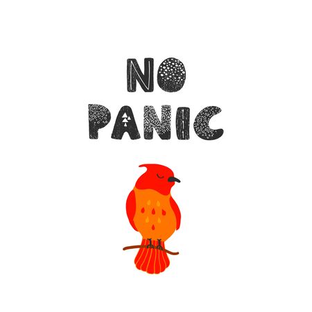 Vector illustration of bird and hand drawn lettering, No panic. Colorful typography design in Scandinavian style for postcard, banner, t-shirt print, invitation, greeting card, poster, graphic designのイラスト素材