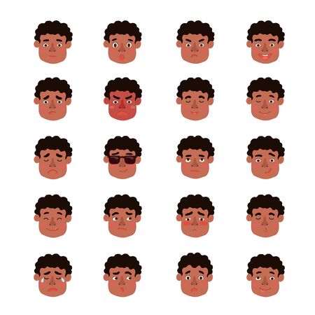 Vector modern set with cute illustrations of boys with different emotions. Use it as element for design greeting card, poster, chat messenger cartoon emotes, Social Media post, children game designのイラスト素材