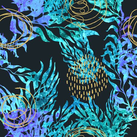 Vector seamless pattern with colorful illustration of exotic leaves. Use it for wallpaper, textile print, pattern fills, web page, surface textures, wrapping paper, design of presentationのイラスト素材
