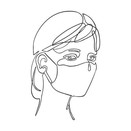 Vector black and white illustration of girl using safety breathing mask. One line drawing.のイラスト素材