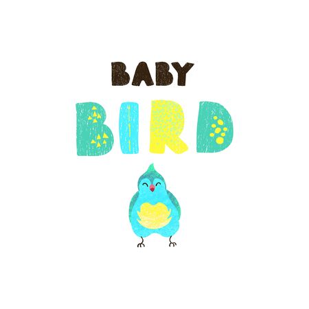 Vector illustration of bird and hand drawn lettering, Baby bird. Colorful typography design in Scandinavian style for postcard, banner, t-shirt print, invitation, greeting card, poster, graphic designのイラスト素材
