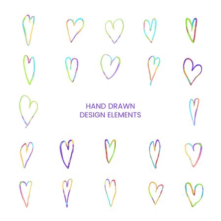 Vector modern colorful set with hand drawn doodle illustrations of heart. Use it as as elements for design greeting cards , poster, card, packaging paper design for Valentine dayのイラスト素材