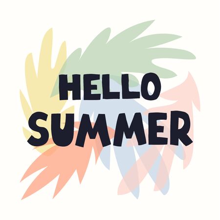 Vector illustration with hand drawn lettering - Hello summer. Colourful typography design in Scandinavian style for postcard, banner, t-shirt print, invitation, greeting card, posterのイラスト素材