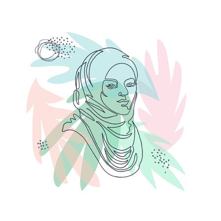 Vector outline illustration of woman woman in scarf on floral background with exotic leaves. One line drawing. Greeting card, poster, banner, social media post, fashion print, invitation, brochureのイラスト素材