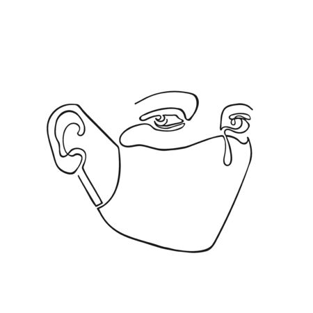 Vector outline black and white illustration of portrait woman or man in medical mask. One line drawing isolated on white background.のイラスト素材