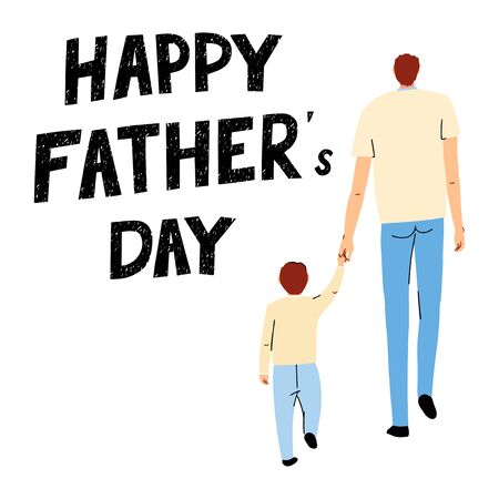Vector colorful greeting card with illustration of dad with his sun and hand drawn lettering - Happy Father Day. Typography design for postcard, banner, poster, Social Media post designのイラスト素材