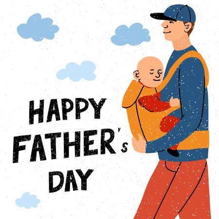 Vector colorful greeting card with illustration of dad with his child and hand drawn lettering - Happy Father Day. Typography design for postcard, banner, poster, Social Media post designのイラスト素材