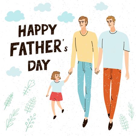 Vector colorful greeting card with illustration of two dad with their daughter and hand drawn lettering - Happy Father Day. Typography design for postcard, banner, poster, Social Media post designのイラスト素材