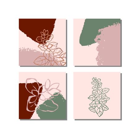 Vector set of collage modern poster with abstract shapes and illustration of plant. Scandinavian Style. For posters, textile print, wrapping paper, greeting card template, social media postのイラスト素材