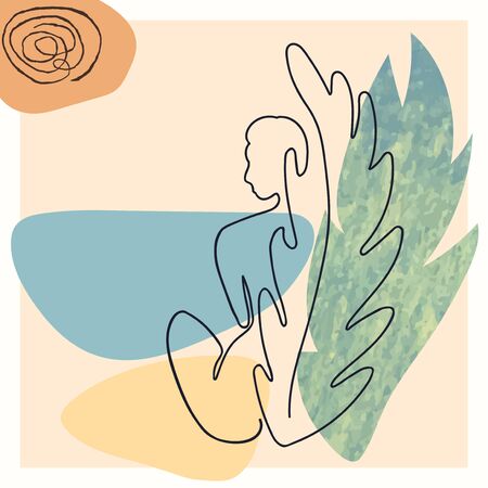 Vector outline illustration of woman body on abstract blobe background. One line drawing. Use it as greeting card, poster, banner, social media post, fashion print, invitation, sale, brochureのイラスト素材