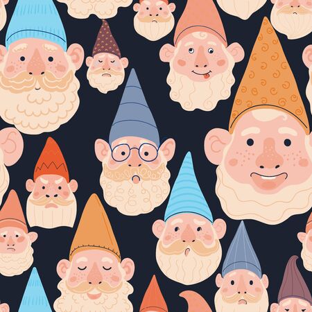 Vector modern seamless pattern with colorful illustrations of garden gnome. Use it for wallpaper, textile print, pattern fills, web page, surface textures, wrapping paper, design of presentationのイラスト素材