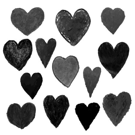 Vector set with black illustrations of heart shape drawn with chalk pastels, textured hand drawn illustration. Use it as element for design greeting card, banner, Social Media post, invitationのイラスト素材