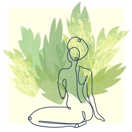 Vector outline illustration of woman body on floral background with exotic leaves. One line drawing. Greeting card, poster, banner, social media post, fashion print, invitation, sale, brochureのイラスト素材
