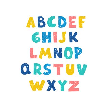 Vector cute colorful alphabet for kids. Can be used as elemets for your design for greeting cards, nursery, poster, card, birthday party, packaging paper design, baby t-shirts printsのイラスト素材