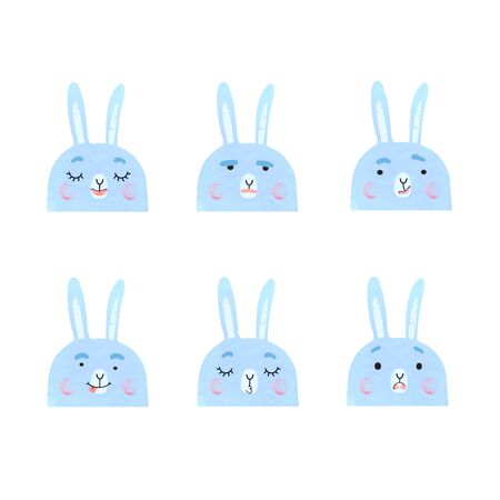 Vector modern set with cute illustrations of bunnies with different emotions. Use it as element for design greeting card, poster, chat messenger cartoon emotes, Social Media post, children game designのイラスト素材